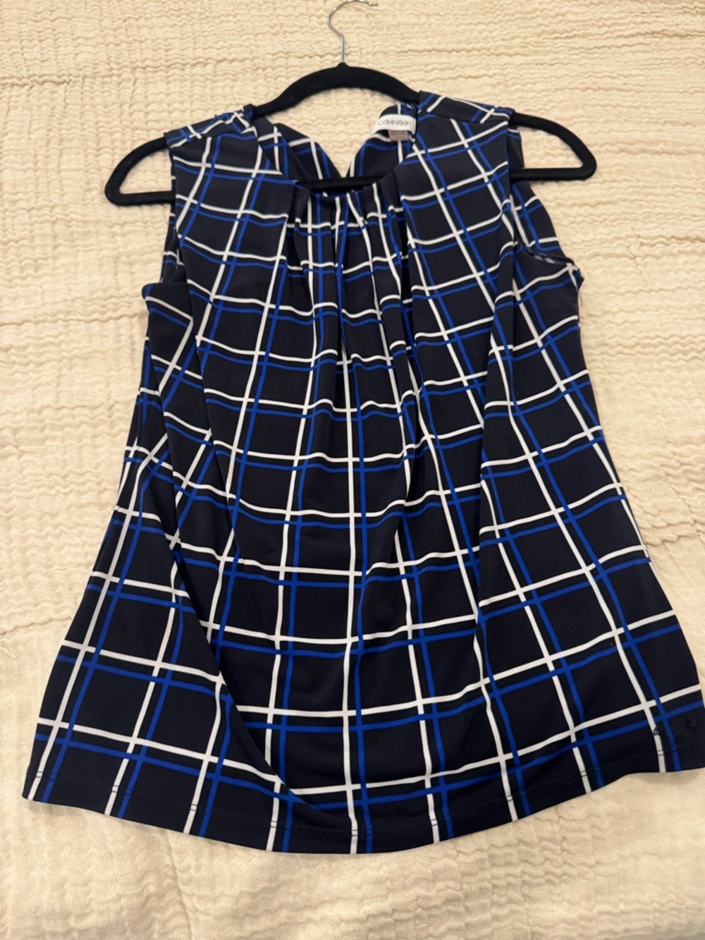 Calvin Klein Black Plaid Sleeveless Top with Blue and White Grid